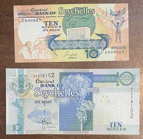 SEYCHELLES 2X 10 Rupees 1989 and 1998 UNC 