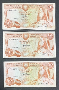 CYPRUS 3 X 50 Cents 1987,88,89 XF
