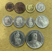 SWITZERLAND 10 Differnt Coins 1971-1994 AU