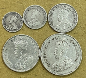 SOUTH AFRICA 5  silver Coins -(3 + 6 D 1933, 1 Shilling 1936, 2 Shilling 1932 and 2 1/2 Shilling 1932)