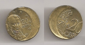 Rare error off-centered 20 Cents 2002 Greek UNC