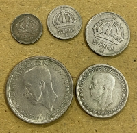 SWEDEN 5 Silver Coins  (10 ,25, 50 Ore , 1 Kr 1947 and 2 Kr 1950 ) XF-AU