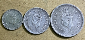 INDIA -1/4, 1/2 and 1 Rupee 1944