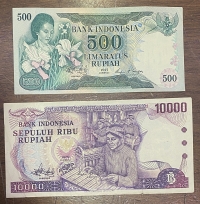 INDONESIA 500 and 10.000 Rupiah 1977 and 1979 AU and XF