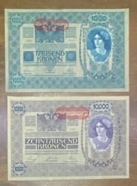 AUSTRIA 1000 and 10000 Koron 1902 and 1918 XF