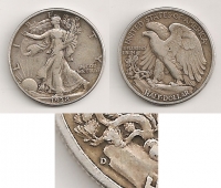 USA 1/2 Dollar 1938 D Rare VF