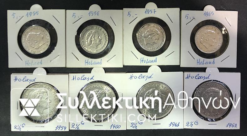 NETHERLANDS Collection of 8 Different Silver Coins
