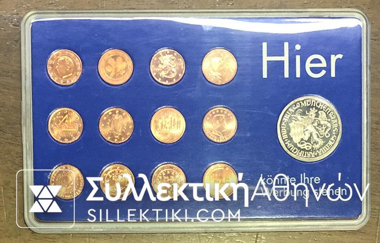Set of 12 Euro Cents 1999-2002 "Hier" With Commemorative medal