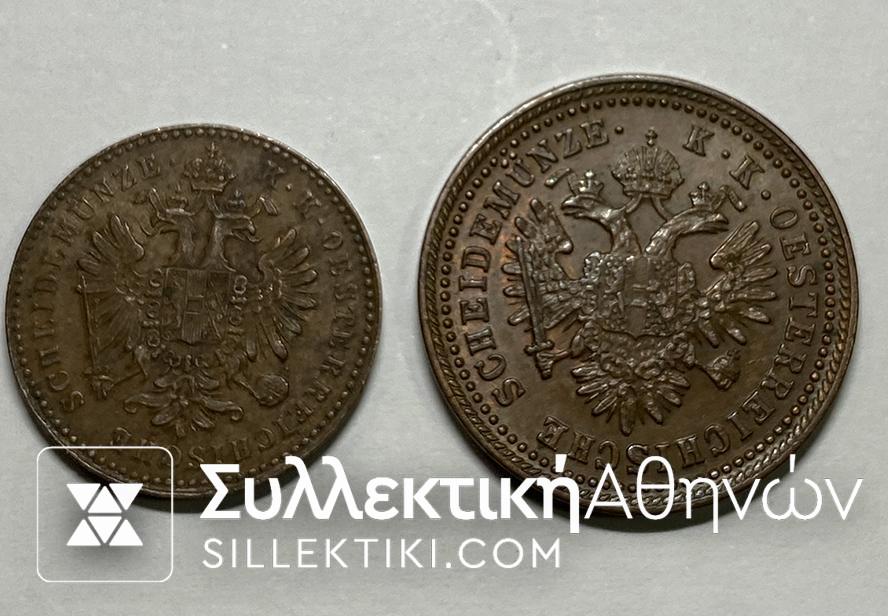 AUSTRIA 2 X 1 Kreuzer 1851 and 1858 AU