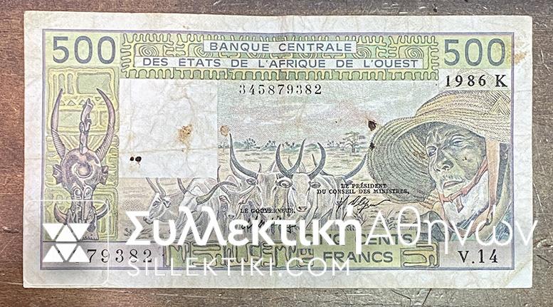 WEST AFRICA 500Francs 1986 F / VF