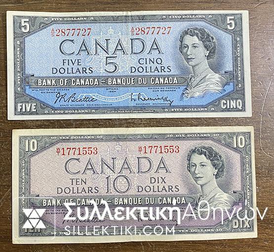 CANADA 5 and 10 Dollars 1954 XF
