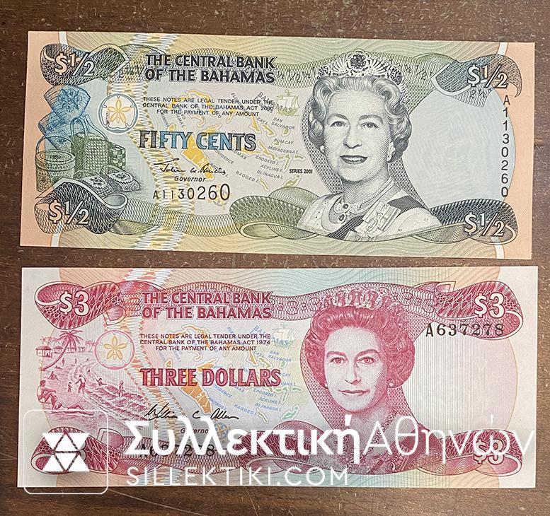 BAHAMAS 1/2 and 3 Dollars 2000 and 1974 UNC