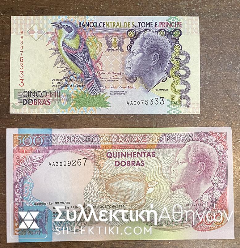 SAINT TOME 500 and 5000 Dobras 1993 and 2004 UNC