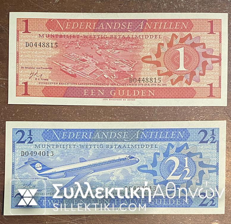 NETHERLAND ANTILLEN 1 and 2 1/2 Gulden 1970 UNC
