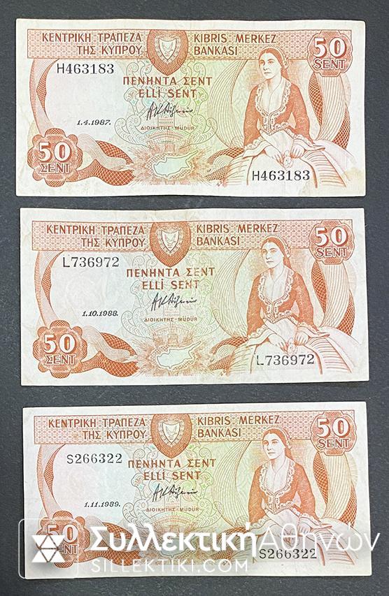 CYPRUS 3 X 50 Cents 1987