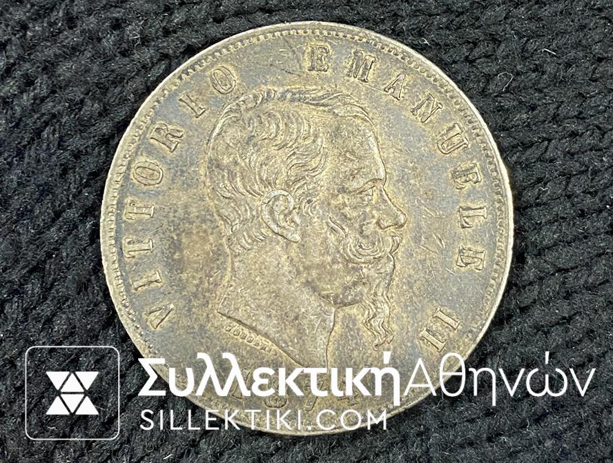 ITALY 5 Lire 1874 AU Nice Patina