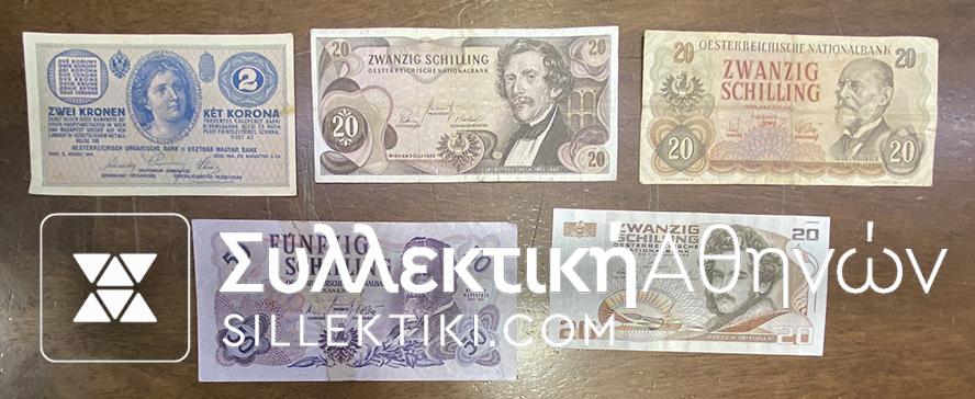 AUSTRIA lot of 5 Different Notes