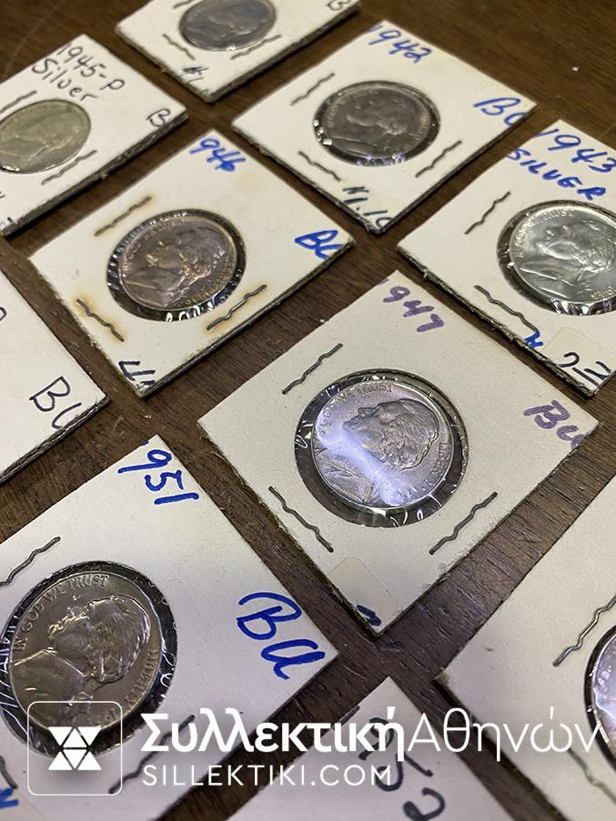 ΑΜΕΡΙΚΗ Συλλογή με 16 ΑΚΥΚΛΟΦΟΡΗΤΑ κέρματα των 5 Σεντς 1941-1955 (μερικά ασημένια)