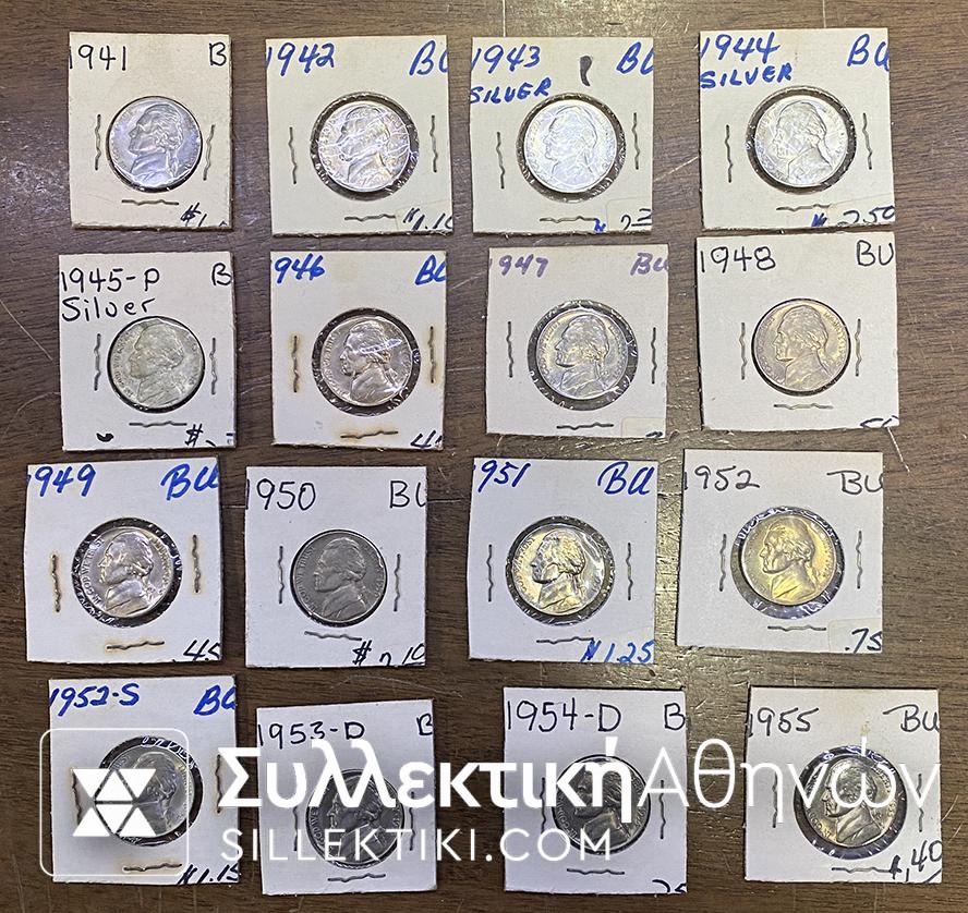 ΑΜΕΡΙΚΗ Συλλογή με 16 ΑΚΥΚΛΟΦΟΡΗΤΑ κέρματα των 5 Σεντς 1941-1955 (μερικά ασημένια)