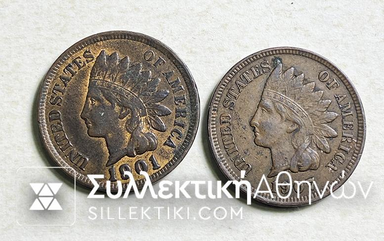 USA 2 X 1 Cent (INDIAN HEAD) 1901 AU + 1907 XF