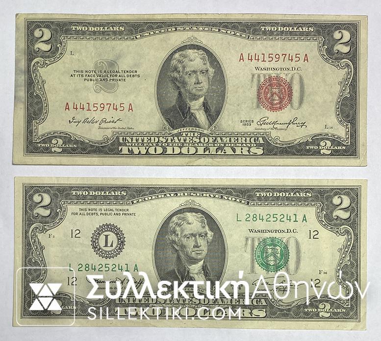 USA 2 x 2 Dollars (1953 Red and 1976 Green) XF