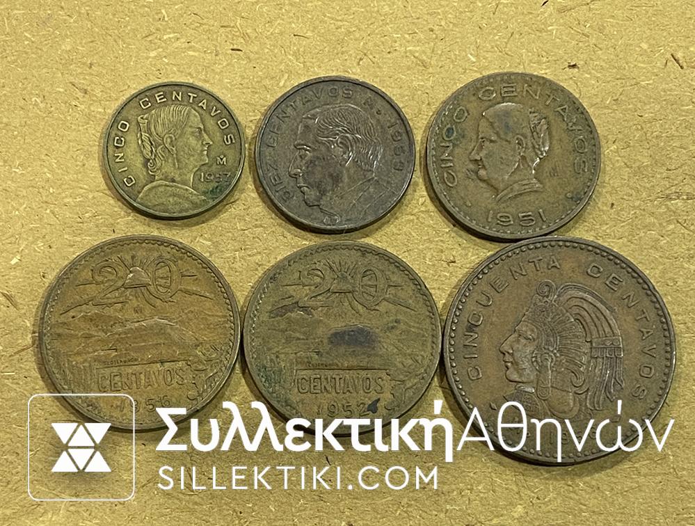 MEXICO 6 Different coins 50s XF