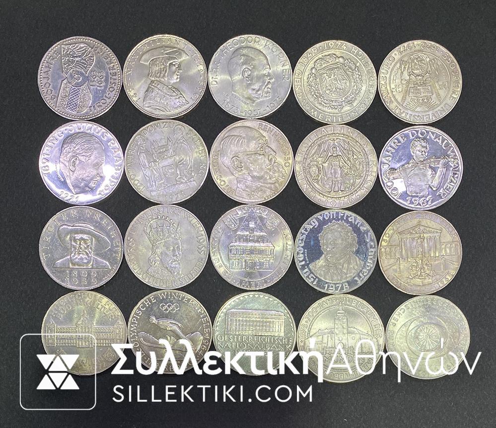 AUSTRIA Collections of 20 Different Silver coins 50 Shillings 70s AU/UNC