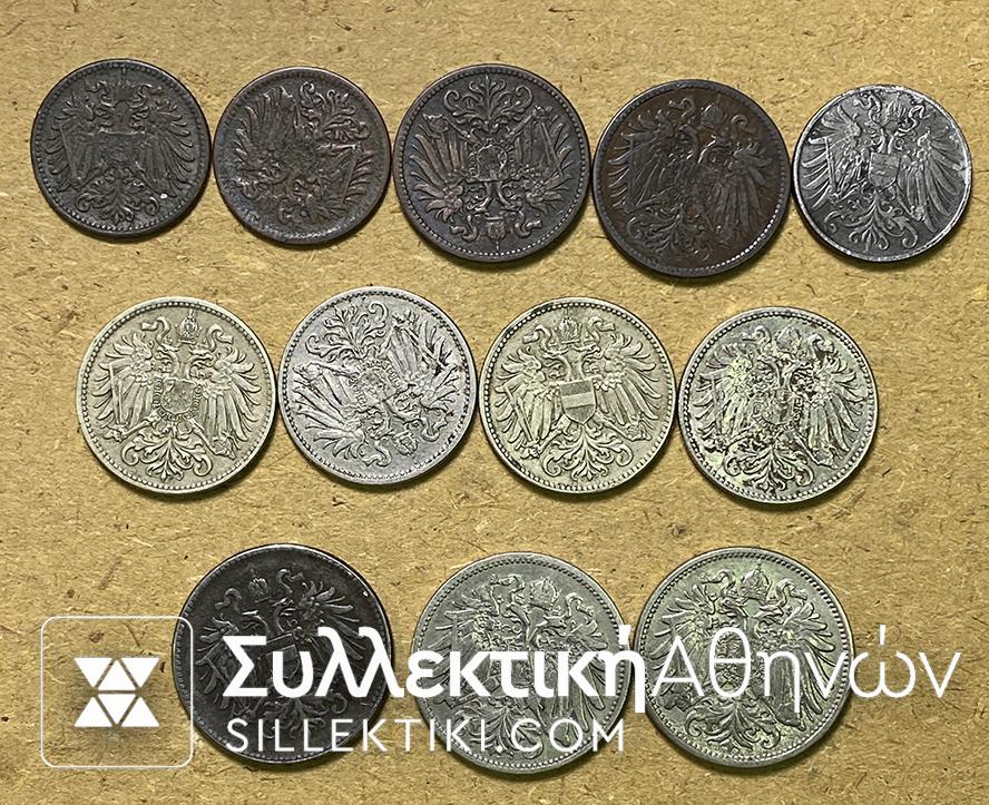 AUSTRIA 12 Different coins- (1 Heller 1901