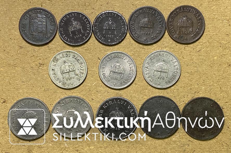 HUNGARY 13 Different coins -( 1 Krajczar 1887 -2 Filler 1902