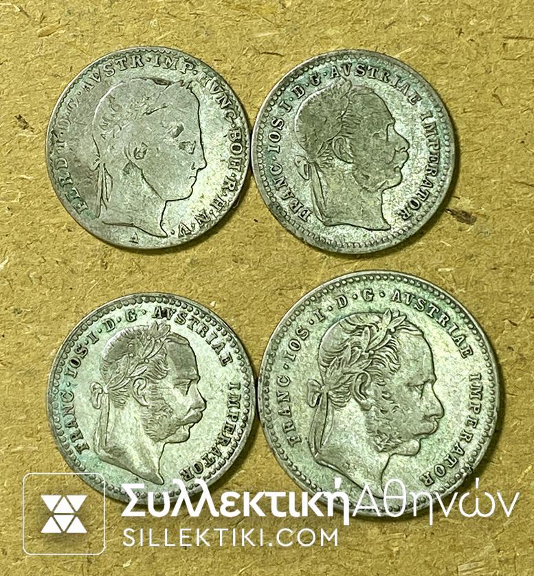 AUSTRIA 4 Silver Coins (3 Kreuzer 1837 - 10 Kruezer 1870
