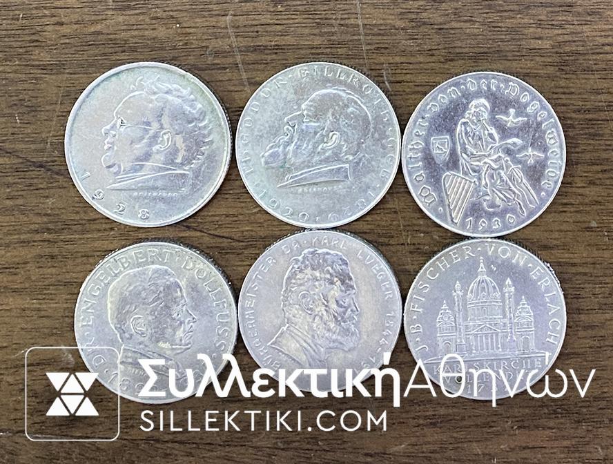 AUSTRIA 6 Different Silver coins (1928