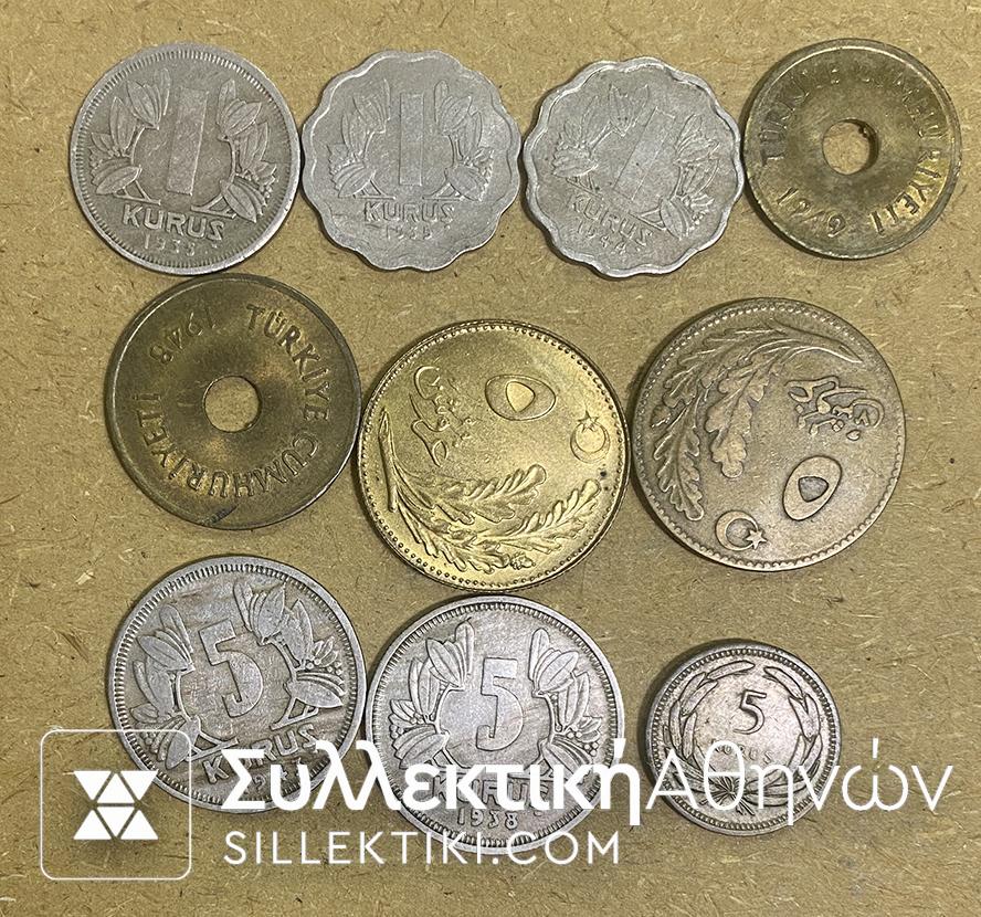 TURKEY 10 Different Coins 1922-1948