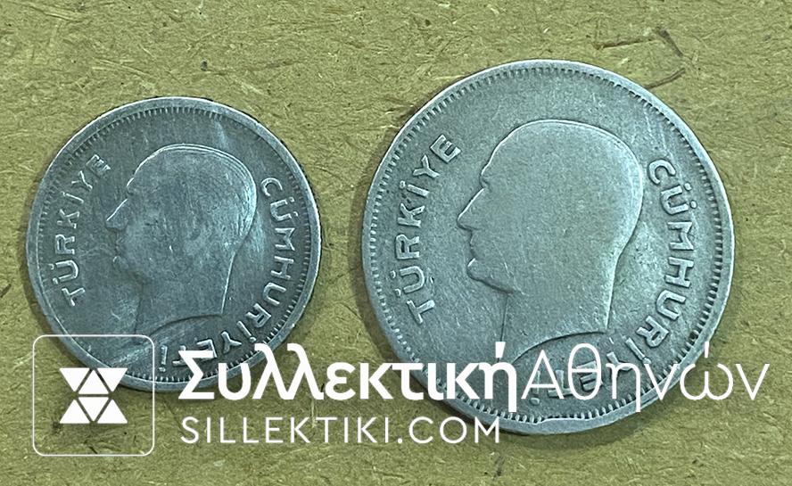 TURKEY 25 and 50 Kurus 1935 F
