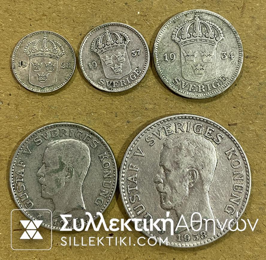 SWEDEN 5 Silver Coins