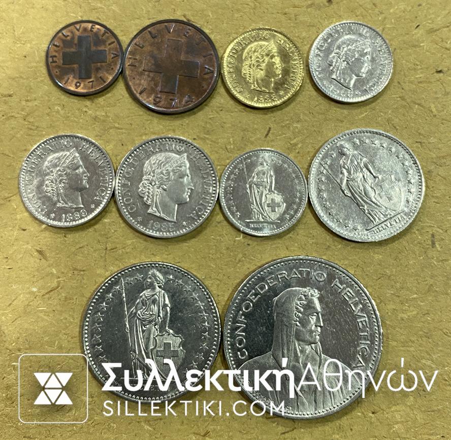 SWITZERLAND 10 Differnt Coins 1971-1994 AU