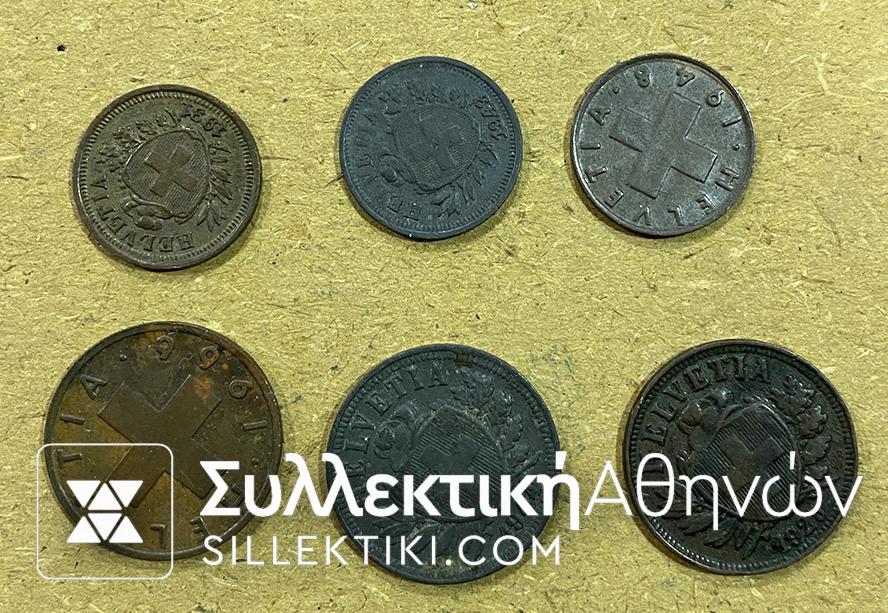 SWITZERLAND 6 Different old coin of 1 and 2 Rappen