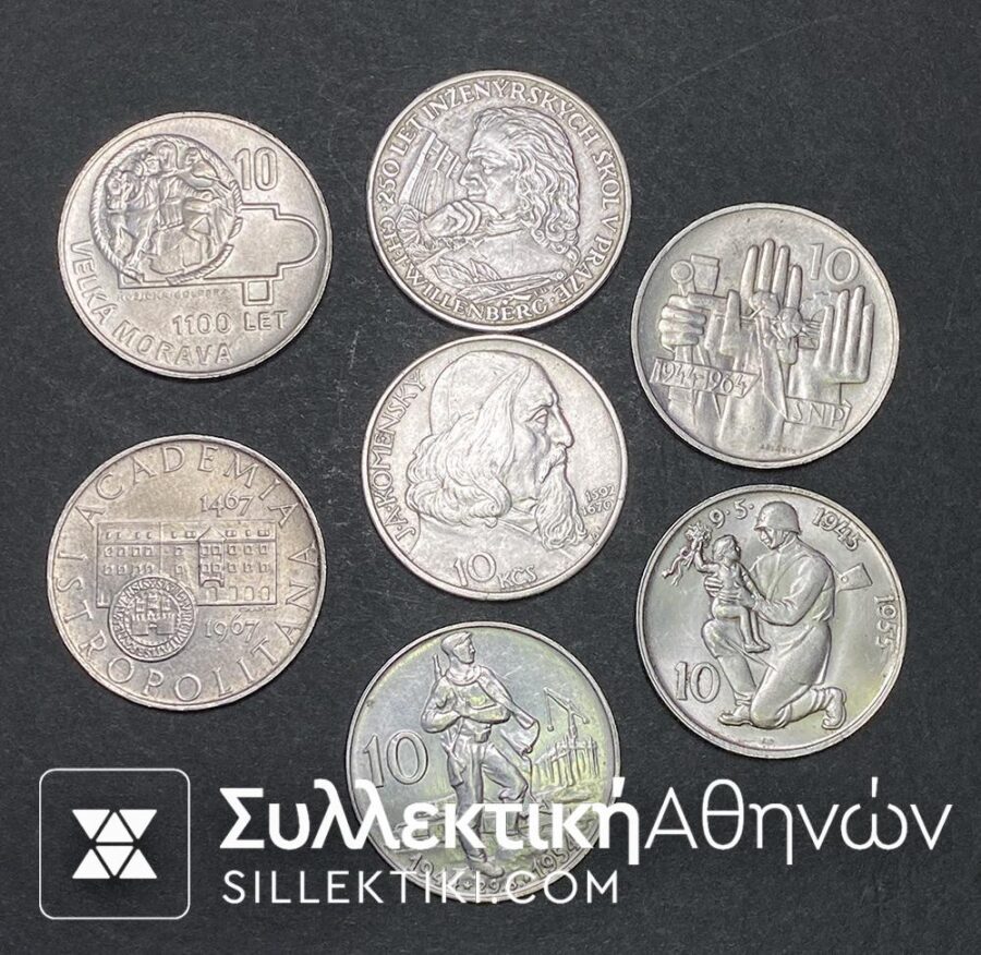 CZECHOSLOVAKIA Collection of 7 Different Silver Coins of 10 Korun High Grade