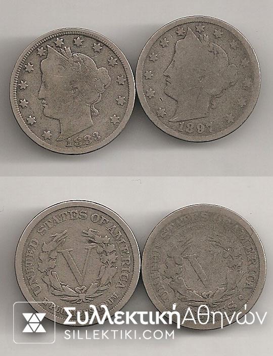 USA 2 X 5 Cents 1883-97