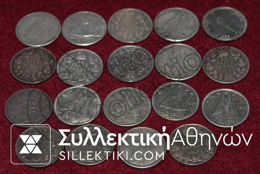 ΚΑΝΑΔΑΣ Συλλογή 19 διαφορετικά 10 Cents 1903 έως 1968 F+-UNC