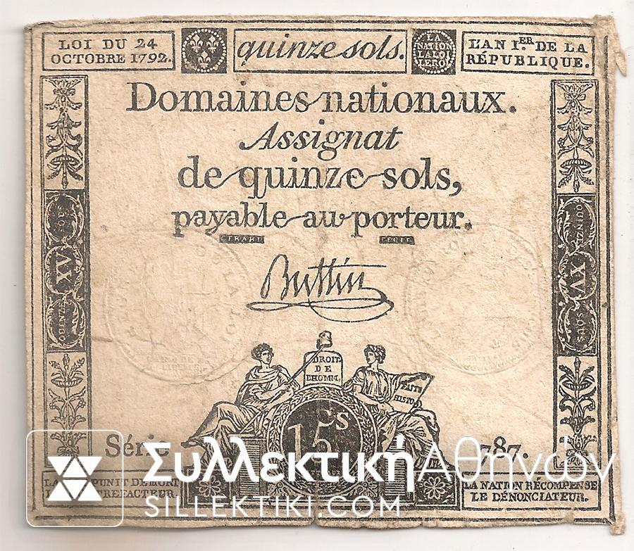 Assignat 15 Sols 1792 F_VF