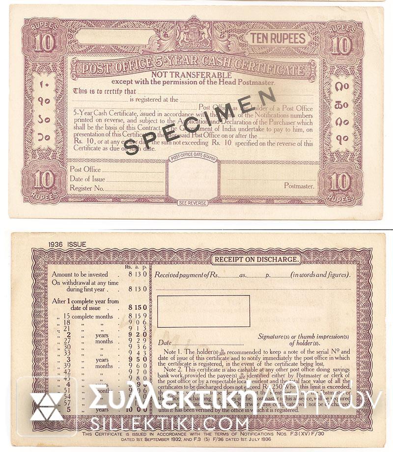 INDIA 10 Rupees 1936 Specimen