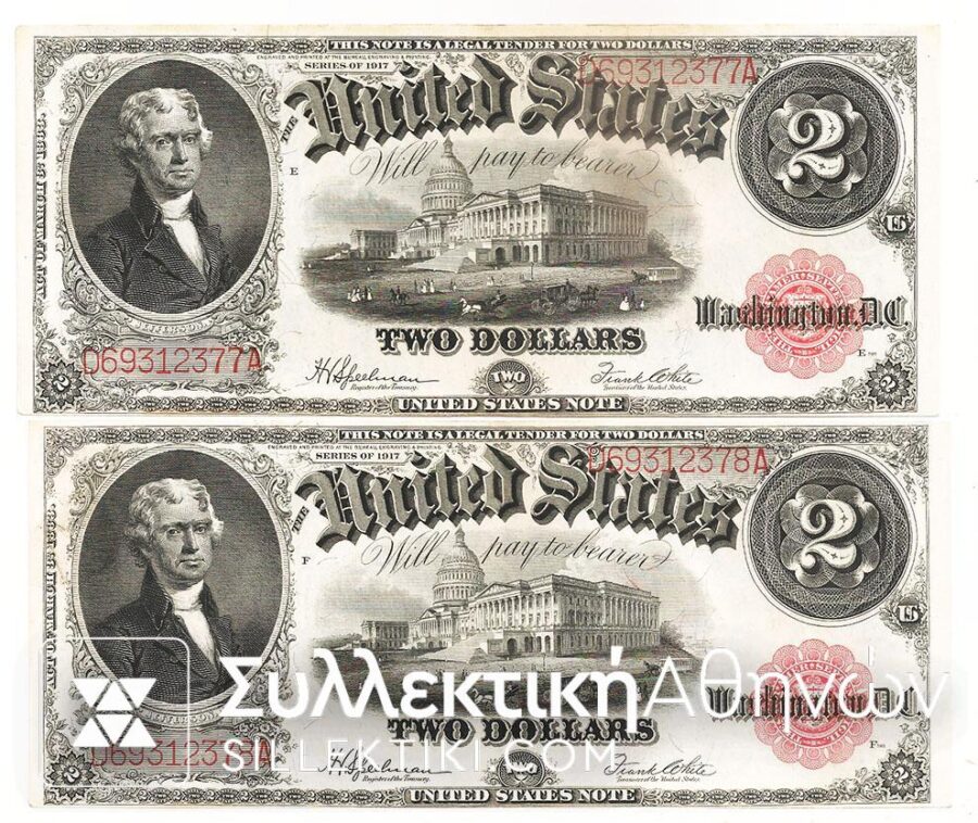 USA 2 x 2 Dollars 1917 UNC Concecutive numbers