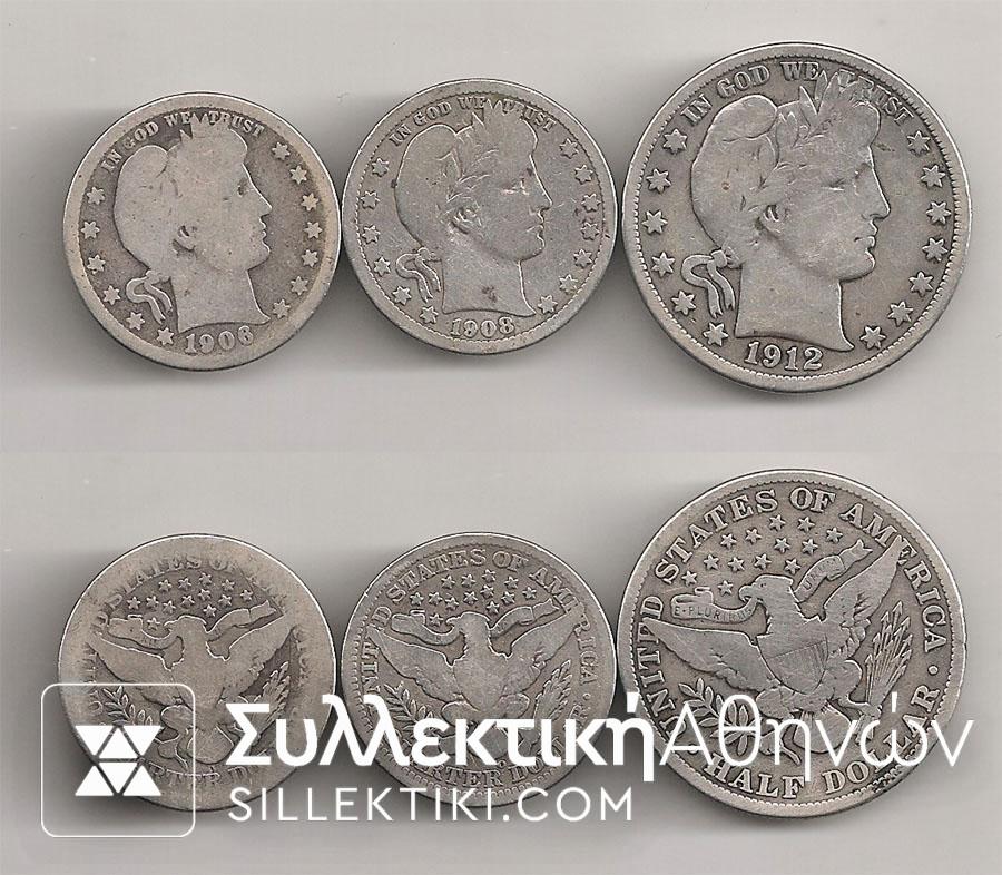 USA 2 x 1/4 Dollar 1906-1908 and 1/2 Dollar 1912 F