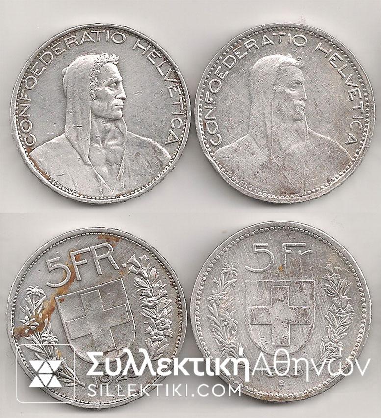 SWITZERLAND 2 X 5 Fr. 1923 and 1925 VF