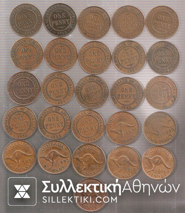 AUSTRALIA COLLECTION OF 25 PENNYS 1912-1964