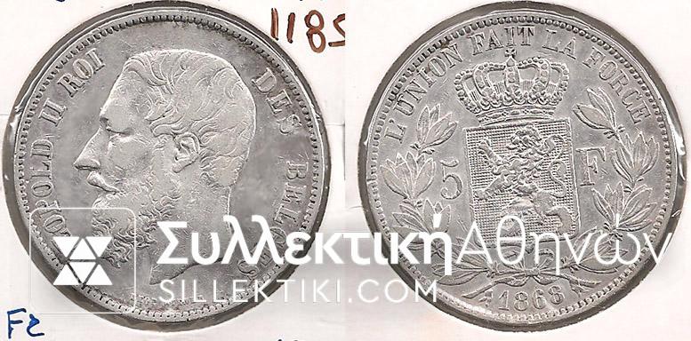 BELGIUM 5 Fr. 1868 VF+