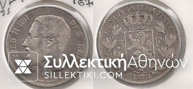 BELGIUM 5 Fr. 1870 VF+
