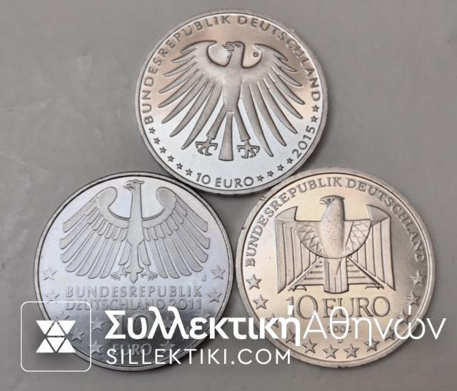 GERMANY Lot of 3x10 Euro [1 Silver and 2 Nickel]