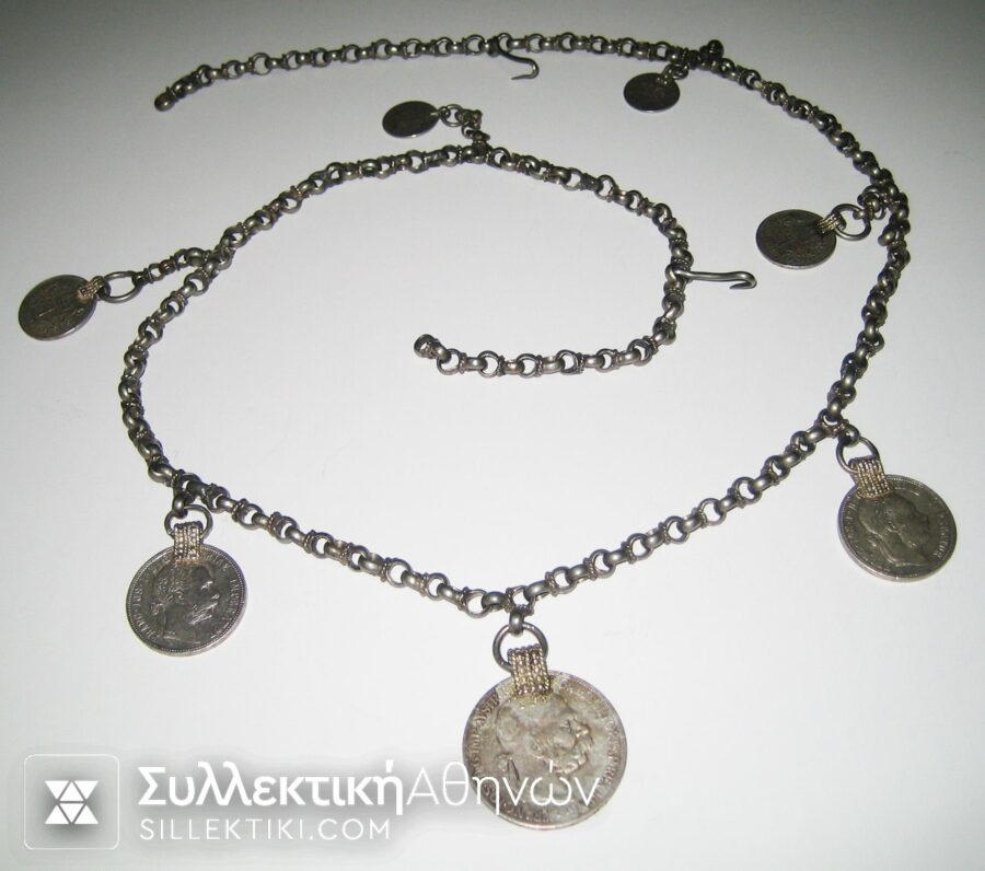 Necklace with 7 silver coins of different countries 
