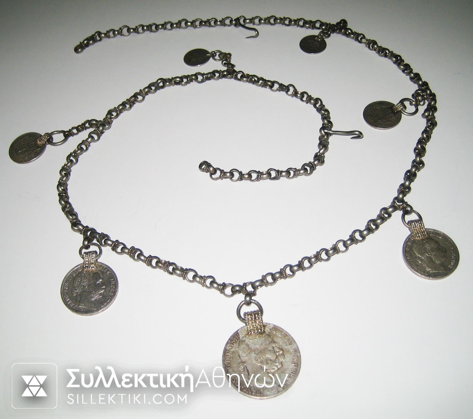 Necklace with 7 silver coins of different countries